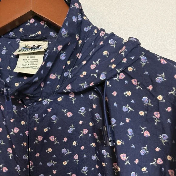 Vintage Northern Reflections XL Floral Rain Jacket Hooded Windbreaker Navy Nylon - Picture 5 of 12